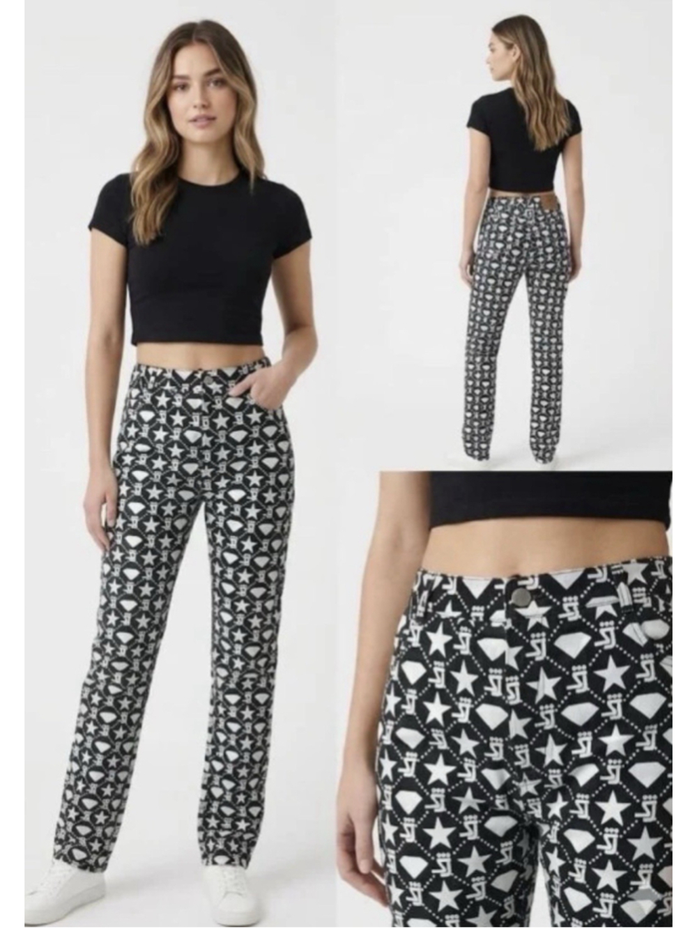 Shane Justin Runway Logo Star Diamond Jeans Black White Cotton Spandex Med NWOT